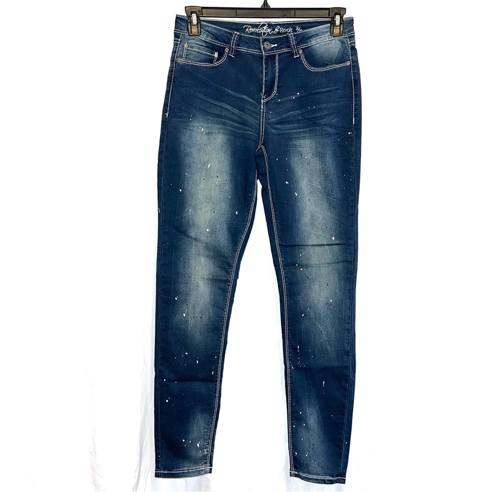 Revolution by Revolt Dark Wash Distressed White Paint-Splatter Skinny Jeans